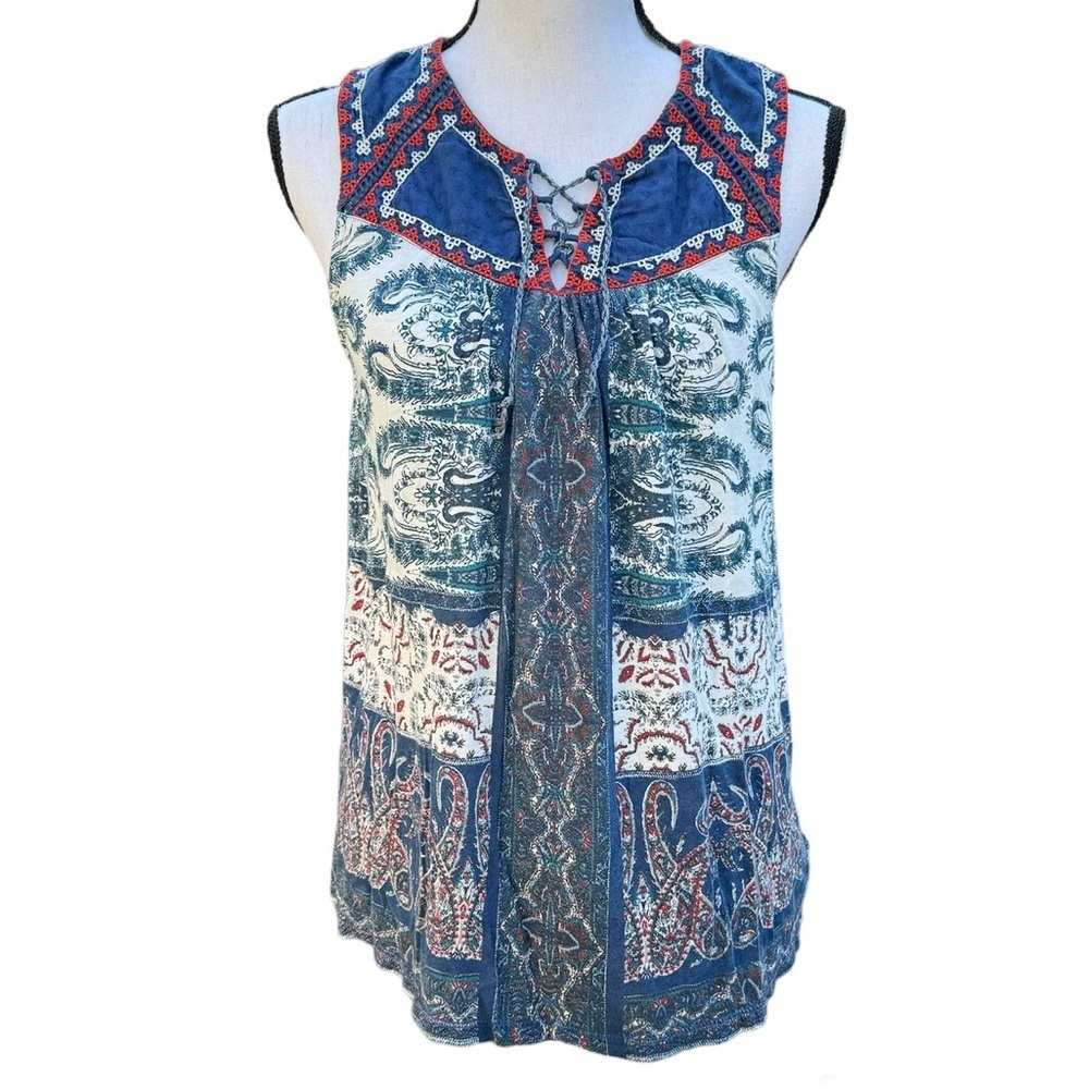 Lucky Brand Navy Blue Sleeveless Boho Paisley Lace Up Tassel Tank Top Size Med